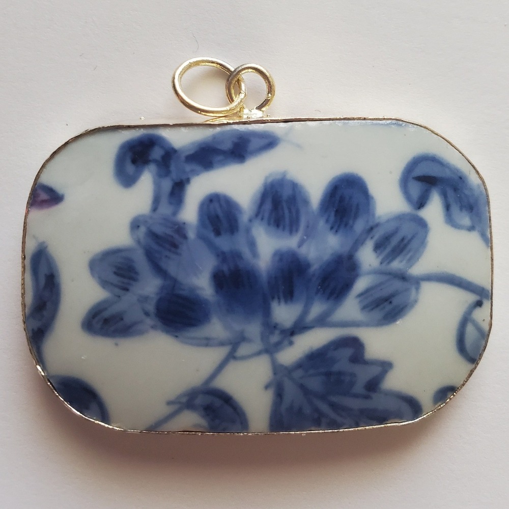 Vintage Ming Blue & White Porcelain Floral Pendant Chinoiserie Pottery Shard - Picture 11 of 12